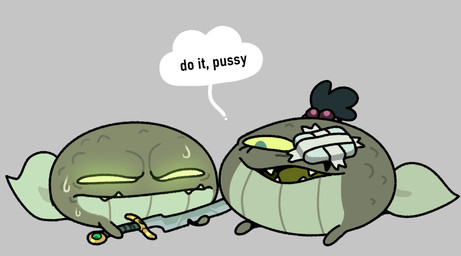 anthro bodily_fluids dialogue duo eye_covering fangs female grey_background hair holding_object holding_weapon humor male melee_weapon open_mouth simple_background speech_bubble sweat sword teeth text tongue weapon discount-supervillain amphibia_(series) disney beatrix_(amphibia) captain_grime amphibian frog tadpole toad_(frog) 2021 digital_media_(artwork) english_text