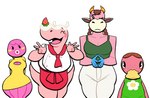 anthro apron blush blush_stickers cleavage_cutout clothing cutout female fur gesture group hand_gesture looking_at_viewer pink_body pink_fur v_sign lovetopullmicke animal_crossing nintendo freckles_(animal_crossing) marina_(animal_crossing) merengue_(animal_crossing) norma_(animal_crossing) anatid anseriform avian bird bovid bovine cattle cephalopod coleoid duck mammal marine mollusk octopodiform octopus rhinoceros absurd_res hi_res