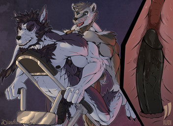 anal anthro armpit_hair body_hair chest_tuft duo ear_piercing exercise facial_hair from_behind_position gym_equipment internal internal_anal male male/male muscular nipple_piercing nipples piercing scar sex sexercise tuft iudicium86 canid canine canis mammal wolf hi_res