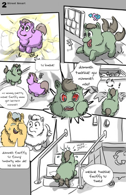 1_horn ambiguous_feral ambiguous_gender aroused baby_talk bodily_fluids dialogue door eye_contact female female_feral feral flower fur grey_hair grey_tail hair happy horn laugh laughing_at_another looking_at_another metaphor plant purple_body purple_fur smile stairs standing tail tail_motion tailwag tears text tongue tongue_out trash trash_can yellow_body yellow_fur yellow_horn young young_ambiguous young_female young_feral carpdime fluffy_pony fluffy_pony_(species) mammal comic digital_media_(artwork) english_text hi_res partially_colored shaded