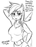 anthro anthrofied athletic athletic_anthro athletic_female blush bodily_fluids bottomwear clothed clothing dialogue disembodied_wings female hair looking_at_viewer mane midriff shorts solo sweat text topwear wings kingjnar friendship_is_magic hasbro my_little_pony mythology rainbow_dash_(mlp) equid equine horse mammal mythological_creature mythological_equine pegasus pony 2018 digital_drawing_(artwork) digital_media_(artwork) english_text hi_res monochrome signature sketch