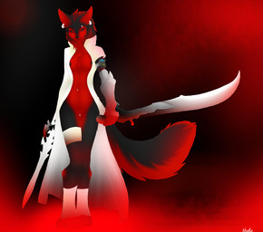 anthro bandage biped black_body black_fur black_nipples breasts clitoris clitoris_piercing clothing coat ear_piercing female female_anthro fur genital_piercing genitals holding_melee_weapon holding_object holding_sword holding_weapon looking_at_viewer melee_weapon music_player nipples nude piercing pose red_body red_eyes red_fur smile solo standing sword tail topwear vulva vulva_piercing weapon nnecgrau zoe_(nnecgrau) canid canine canis domestic_dog husky mammal nordic_sled_dog spitz wolf 2012 digital_media_(artwork) hi_res red_theme