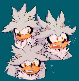 anthro biped black_nose bodily_fluids chest_tuft clenched_teeth conjoined_eyes fangs fur green_background grey_body grey_fur interrobang looking_at_viewer male messy_fur open_mouth quills_(anatomy) simple_background smile smiling_at_viewer solo sweat teeth tuft yellow_eyes bongwater777 sega sonic_the_hedgehog_(series) silver_the_hedgehog eulipotyphlan hedgehog mammal 2020 bust_portrait cel_shading digital_drawing_(artwork) digital_media_(artwork) hi_res portrait shaded