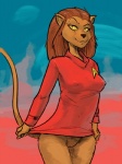 abstract_background anthro barely_visible_genitalia barely_visible_pussy bottomless brown_body brown_fur brown_hair clothed clothing clothing_pull dress dress_pull female fur genitals hair looking_at_viewer pupils pussy science_fiction slit_pupils smile solo yellow_sclera tealtentacles_(artist) star_trek star_trek_the_animated_series m'ress caitian felid mammal 2016 3:4