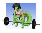 anthro barbell black_hair breasts cleavage clothed clothing exercise female green_body hair non-mammal_breasts solo weightlifting workout spiralingstaircase lizard reptile scalie digital_media_(artwork) hi_res