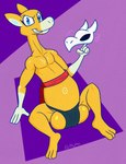 abstract_background anthro balls belly belt big_balls blue_eyes bone bottomwear casual_exposure clothing fur genitals huge_balls loincloth long_neck male markings pear-shaped_figure sitting skull smug solo tall wardrobe_malfunction white_markings wide_hips yellow_body yellow_fur gavanzude full_frontal_frog oh_so_hero! deer mammal o'deere alternate_version_at_paywall digital_drawing_(artwork) digital_media_(artwork) hi_res signature