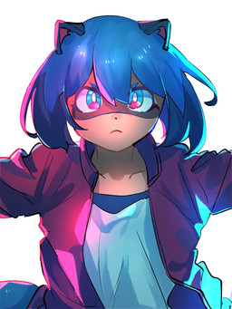 anthro blue_hair blue_light clothed clothing facial_markings female front_view frown hair head_markings jacket looking_at_viewer markings mask_(marking) multicolored_eyes orange_body pink_light shirt simple_background solo spread_arms tail topwear white_background i4_kan brand_new_animal studio_trigger michiru_kagemori canid canine mammal raccoon_dog tanuki 2020 3:4 digital_media_(artwork) half-length_portrait hi_res portrait
