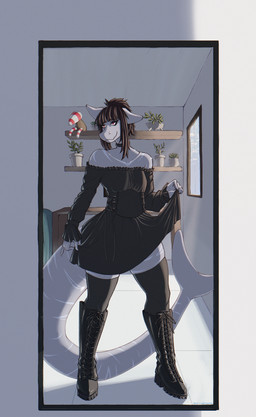 alternative_fashion anthro bangs big_tail blunt_bangs boots breasts choker clothing corset detailed_background female footwear goth jewelry legwear lingerie makeup mirror mirror_reflection necklace non-mammal_breasts plant red_eyes reflection shark_tail shoes small_breasts solo tail thick_thighs thigh_highs topwear wide_hips window kurryplate_(sharpcard) signalis aquatic fish shark absurd_res hi_res huge_filesize
