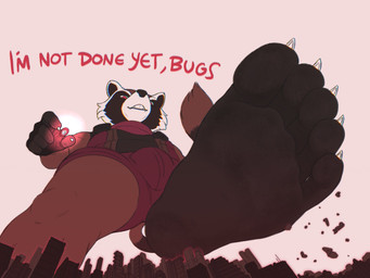 5_toes anthro barefoot black_feet brown_body brown_fur bulge city clothing destruction dialogue feet foot_focus full_foot_pawpads fur humanoid_feet looking_down low-angle_view macro magic_user male plantigrade red_clothing red_eyes shrinking size_transformation soles solo text toes transformation pozole guardians_of_the_galaxy marvel rocket_raccoon mammal procyonid raccoon 2020 4:3 english_text hi_res