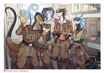 anthro bed bowl bunk_bed claws clock clothed clothing container eyewear female food frill_(anatomy) furniture glasses group group_photo hat headgear headwear horn inside long_story male patreon_logo patreon_username posing_for_picture science_fiction smile text uniform watch darbaras patreon medolovonza_(darbaras) cobra lizard reptile scalie snake 2022 signature story story_in_description url