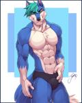 5_fingers abs anthro biceps blue_background blue_body blue_eyes blue_fur blue_hair blue_skin bulge clothed clothing eyebrows fingers fur gloves_(marking) hair looking_at_viewer male markings multicolored_body multicolored_fur multicolored_skin muscular muscular_anthro muscular_male muscular_thighs pecs simple_background smile solo standing topless two_tone_body two_tone_fur two_tone_skin underwear white_body white_fur white_skin feralise vance_(istricer) canid canine canis fox hybrid mammal wolf 2018 4:5