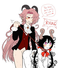 ambiguous_penetration areola areola_slip black_clothing black_hair black_suit blush bodily_fluids bottomless clothed clothing collar curved_horn dialogue dialogue_box doggystyle drooling duo ear_piercing ear_ring female female_penetrated flat_chested from_behind_position genitals hair heart_eyes heart_symbol horn humanoid_pointy_ears leash leash_pull male male/female male_penetrating male_penetrating_female not_furry open_clothing open_shirt open_topwear penetration penis piercing pigtails pink_eyes pink_hair pointy_ears red_clothing red_eyes red_topwear red_vest ring_piercing saliva sex shirt simple_background suit sweat text topwear topwear_only vest white_background white_body white_clothing white_shirt white_skin white_topwear nsfyosu_(artist) deep_sea_prisoner funamusea lil_(dsp) lilit_(dsp) satanica satanick demon demon_humanoid horned_humanoid humanoid english_text