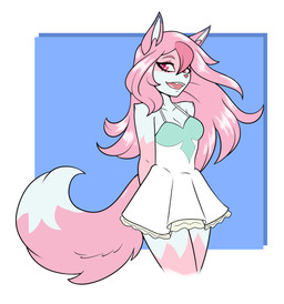 anthro breasts cleavage clothed clothing dipstick_ears dipstick_tail dress ear_markings female hair hand_behind_back long_hair looking_at_viewer markings multicolored_ears multicolored_tail open_mouth pink_eyes pink_hair solo tail tail_markings ambris brand_new_animal netflix studio_trigger nazuna_hiwatashi canid canine fox mammal 2020 digital_media_(artwork) hi_res