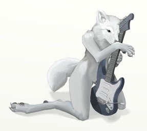 anthro biped electric_guitar female fur guitar handpaw kneeling music musical_instrument nude paws plucked_string_instrument simple_background solo string_instrument tail white_background white_body white_fur pira canid canine canis mammal wolf