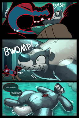 anthro biped detailed_background dialogue duo featureless_crotch fur green_eyes grey_body grey_fur inflatable_transformation macro male nude open_mouth open_smile painted-on_mouth pooltoy_transformation size_difference size_transformation smile speech_bubble surprised tongue tongue_out transformation sexotheque coyote_(gunnerkrigg_court) wixter animate_inanimate badger canid canine canis coyote deity mammal mustelid musteline 2026 2:3 absurd_res comic digital_media_(artwork) hi_res
