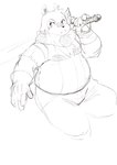 anthro belly bottomwear bulge clothing gloves handwear humanoid_hands male melee_weapon overweight overweight_male pants scarf shirt simple_background solo sword topwear weapon white_background apricotsammi ground_squirrel mammal rodent sciurid 2022 hi_res sketch