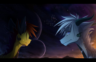 black_bars blue_eyes detailed_background feral hair horn night outside sky star starry_sky skaydie european_mythology mythology dragon mythological_creature mythological_scalie scalie western_dragon 2015 digital_media_(artwork) letterbox