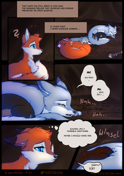 blue_body blue_eyes blue_fur bodily_fluids comforting crying dialogue female feral fur orange_body orange_fur outside sad tears text tongue young rukifox ice_(rukifox) riu_(rukifox) canid canine fox mammal red_fox true_fox comic english_text hi_res
