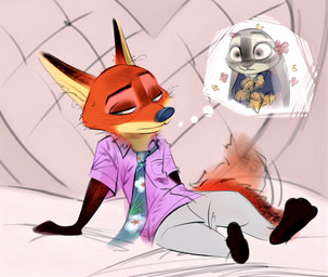 accessory anthro clothed clothing collared_shirt duo female fur grey_body grey_fur long_ears male necktie orange_body orange_fur shirt sitting tan_body tan_fur text topwear nibkman0304 disney zootopia judy_hopps nick_wilde canid canine european_rabbit fox lagomorph leporid mammal oryctolagus rabbit red_fox true_fox hi_res japanese_text