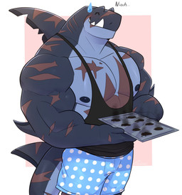 anthro barazoku black_nipples blue_bottomwear blue_clothing blue_shorts bottomwear burnt_food clothed clothing dorsal_fin embarrassed fangs fin gills grey_body holding_tray male muscular muscular_anthro muscular_arms muscular_male nipples non-mammal_nipples pecs revealing_shirt revealing_tank_top scar scars_all_over shirt shorts skimpy smoke solo sweatdrop_(iconography) tank_top teeth thick_neck topwear tray undersized_clothing same22shark nelson_(same22shark) aquatic fish shark 2023 digital_media_(artwork) hi_res portrait three-quarter_portrait