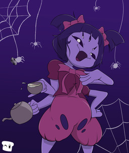 anthro container cup female gun laugh purple_body purple_skin ranged_weapon simple_background smug solo spider_web tea_cup weapon breadinatoarts undertale undertale_(series) muffet arachnid arthropod spider absurd_res hi_res