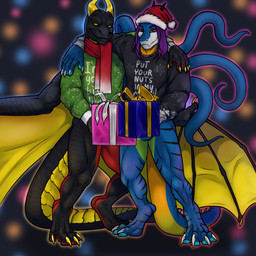 anthro black_body blue_body box christmas_clothing christmas_headwear clothing container duo gift gift_box headgear headwear holidays horn looking_at_viewer male red_eyes scarf sweater tentacles topwear wings yellow_eyes aggr.mor christmas mythology new_year new_year_2025 corslayd_(character) hydra_(hydra322) dragon fish hybrid marine mythological_creature mythological_scalie scalie shark 1:1 hi_res