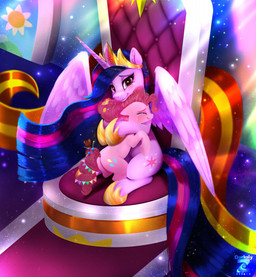 blush bodily_fluids candy chair crown dessert duo female feral food furniture headgear horn hug tears throne wings darksly-z friendship_is_magic hasbro my_little_pony mythology pinkie_pie_(mlp) queen_twilight_(mlp) twilight_sparkle_(mlp) equid equine mammal mythological_creature mythological_equine winged_unicorn hi_res