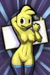 abstract_background anthro blonde_hair breasts buckteeth clothing female fingers fur genitals hair legwear looking_at_viewer navel nipples nude open_mouth pussy simple_background smile solo stockings teeth tongue yellow_body yellow_fur elpatrixf jackbox_games quiplash the_jackbox_party_pack yellow_quip_(jackbox) humanoid 2015 character_request digital_media_(artwork)