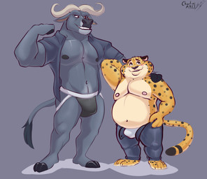 anthro bulge clothed clothing duo jockstrap male male/male muscular muscular_anthro muscular_male nipples overweight simple_background underwear charlieleobo disney zootopia benjamin_clawhauser chief_bogo bovid bovine cape_buffalo cheetah felid feline mammal hi_res