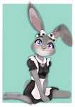 4_fingers anthro barefoot blush clothed clothing costume feet female fingers fur grey_body grey_fur looking_at_viewer maid_apron maid_headdress maid_uniform purple_eyes scut_tail short_tail solo tail uniform nekopumpkin disney zootopia judy_hopps lagomorph leporid mammal rabbit absurd_res hi_res