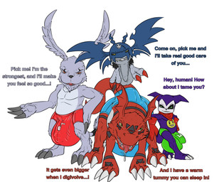 all_fours anthro balls big_balls big_bulge big_penis big_tail bodily_fluids bottomwear bulge claws clothed clothing detailed_bulge drooling feral genitals grin grinning_at_viewer group hand_on_hip huge_balls huge_bulge huge_penis hyper hyper_balls hyper_bulge hyper_genitalia inviting inviting_viewer leaning_on_another looking_at_viewer male nude offering_to_viewer paws penis preseting revealing_outfit saliva seductive shorts skimpy smile smiling_at_viewer smirk smirking_at_viewer suggestive tail talking_to_viewer teasing thick_tail tight_bottomwear tight_bulges tight_clothing tight_shorts tight_underwear tongue tongue_out underwear conditional_dnp samagthrav2 bandai_namco digimon demidevimon digimon_(species) gazimon guilmon impmon absurd_res hi_res