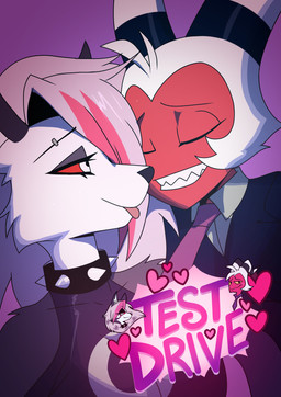 blep business_suit clenched_teeth clothed clothing comic_book_cover duo female heart_symbol horn male necktie open_mouth sharp_teeth simple_background smile striped_horn stripes suit teeth text title tongue tongue_out toothy_grin kato777 hellaverse helluva_boss mythology loona_(helluva_boss) moxxie_(helluva_boss) canid canid_demon canine demon demon_humanoid hellhound horned_humanoid humanoid imp mammal mythological_canine mythological_creature absurd_res cover cover_art cover_page english_text hi_res
