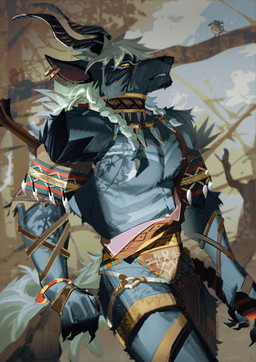 anthro claws ear_piercing facial_scar fur hair horn looking_at_viewer male muscular muscular_male pecs piercing scar solo toothlee afk_arena afk_journey lilith_games nazrik_(afk_journey) absurd_res hi_res