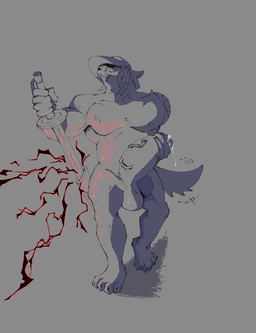 anthro bodily_fluids clothing cum front_view genital_fluids genitals hat headgear headwear hyper hyper_genitalia male melee_weapon muscular muscular_male smile smiling_at_viewer solo sword swordsman walking weapon gruffmutts one_piece shanks canid canine mammal absurd_res hi_res