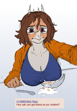 5_fingers anthro big_breasts blue_clothing blue_shirt blue_topwear breasts brown_hair cereal cereal_bowl cleavage clothed clothing cutlery facial_horn female fingers food hair head_spikes horn jacket kitchen_utensils milk multicolored_body multicolored_scales nose_horn orange_body orange_clothing orange_jacket orange_scales orange_topwear red_eyes scales shirt short_hair solo spikes spikes_(anatomy) spoon tan_body tan_scales tools topwear two_tone_body two_tone_scales sakamtosng 4chan cavemanon_studios snoot_game maria_(snoot_game) aquilops ceratopsian dinosaur marginocephalian ornithischian prehistoric_species reptile scalie 2025 digital_drawing_(artwork) digital_media_(artwork)