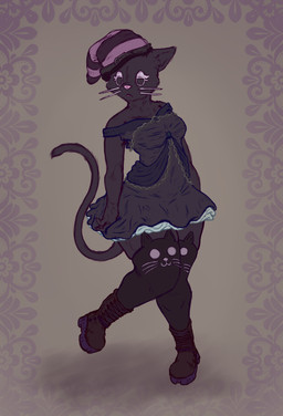 absolute_territory alternative_fashion anthro bedroom_eyes black_body black_fur boots border bored breasts cat_stockings chain chain_jewelry clothed clothing dress female footwear frilly fur goth hat headgear headwear legwear medium_breasts narrowed_eyes off_shoulder pink_nose platform_footwear raised_leg seductive shadow shoes short_dress skinny skinny_female socks solo standing stockings tail thick_thighs thin_tail whiskers witch_hat axentooth callie_cat domestic_cat felid feline felis mammal hi_res