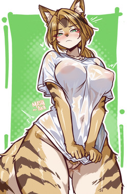 alternate_costume animal_ear_fluff animal_ears anthro areola big_breasts blonde_hair blush body_fur breasts butt butt_from_the_front cat_tail clothing collarbone commentary covered_navel covered_nipples dotted_background english_commentary female fluffy fluffy_tail fur genitals green_background green_eyes hair half-closed_eyes heart_symbol long_hair looking_at_viewer mouth_closed multicolored_body multicolored_fur narrowed_eyes nipples pattern_background pubes shirt shirt_tug shy simple_background solo tail text topwear translucent translucent_clothing translucent_shirt translucent_topwear twitching vulva white_background white_clothing white_shirt white_topwear yellow_body yellow_fur mashiaka mihoyo zenless_zone_zero pulchra_fellini felid feline mammal 2025 absurd_res artist_name censored hi_res mosaic_censorship portrait three-quarter_portrait