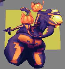 big_breasts big_butt bodily_fluids breasts butt clothing exclamation_point female food for_a_head fruit glistening glistening_breasts gun holding_object holding_weapon huge_breasts huge_butt jumpsuit looking_back low-angle_view plant pumpkin pumpkin_head ranged_weapon rear_view simple_background solo sweat sweatdrop torn_clothing wardrobe_malfunction weapon yellow_background userpagani epic_games fortnite fortnite:_battle_royale spice_(fortnite) felid feline humanoid mammal object_head 2025 digital_drawing_(artwork) digital_media_(artwork) hi_res shaded sketch