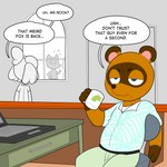 aloha_shirt angry anthro blue_eyes brown_body brown_fur chair clothing computer container cup dialogue drinking electronics female fur furniture group laptop male pattern_clothing pattern_shirt pattern_topwear shirt sitting text topwear window bran-draws-things onionsinbin animal_crossing nintendo crazy_redd isabelle_(animal_crossing) tom_nook_(animal_crossing) canid canine canis domestic_dog fox mammal raccoon_dog shih_tzu tanuki toy_dog 1:1 english_text hi_res