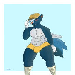 abs accessory anthro biped blue_body bulge clothing fingers flat_cap fluffy fur hair hat headgear headwear looking_at_viewer male multicolored_hair multicolored_tail muscular muscular_anthro muscular_male nipples simple_background smile solo tail thick_thighs tipping_hat white_body white_fur frostyphox animal_crossing nintendo kicks_(animal_crossing) mammal mephitid skunk striped_skunk 1:1 absurd_res hi_res