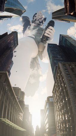 5_fingers anthro athletic athletic_anthro athletic_male balls big_balls big_penis biped black_body building city claws day erection finger_claws fingers foreskin genitals glans hair humanoid_genitalia humanoid_penis looking_down looming low-angle_view macro male nude outside paws penis sky skyscraper smile solo standing tail white_hair rileyfoxxo mathias_(rileyfoxxo) canid canine fox mammal 2024 3d_(artwork) absurd_res digital_media_(artwork) hi_res