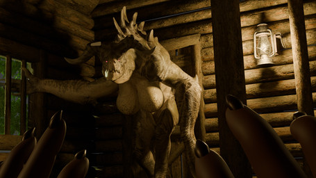 anthro cabin claws dominant dramatic_lighting female female_anthro first_person_view horn inside intimidating_female looking_at_viewer low-angle_view male male/female monster_girl_(genre) nude nude_anthro nude_female offscreen_male pose posed scales shadow size_difference size_play suggestive tail warm_lighting window luke-cottontail fallout microsoft deathclaw humanoid scalie 16:9 2026 3d_(artwork) detailed digital_media_(artwork) hi_res pinup widescreen