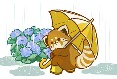 biped black_eyes brown_body brown_fur chibi dot_eyes feral flower fur outside plant raining simple_eyes solo umbrella shi_nominmin ailurid mammal red_panda 2023 hi_res