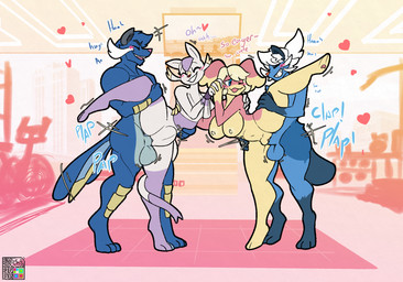 abdominal_bulge anthro anthro_on_anthro balls big_penis blonde_hair blue_body blue_fur blush breasts city city_background electronics exercise_equipment eyes_closed facial_hair female female_penetrated flat_chested fur genitals group group_sex gym hair hand_holding hand_on_leg heart_symbol impact_lines leg_glider_position looking_pleasured male male/female muscular mustache nipples nude one_eye_closed parallel_sex penetration penile penile_penetration penis pink_body pink_fur plap pokemorph ponytail public public_sex purple_body purple_fur raised_leg sex small_breasts smile tail television thrusting vaginal vaginal_penetration vulva white_hair hambor12 nintendo pokemon bliss_(skybluefox) cyan_(skybluefox) erin_(skybluefox) tomas_(hambor12) audino dewott generation_5_pokemon mienshao pokemon_(species) samurott hi_res