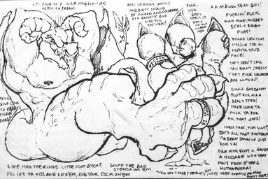 3_toes anthro bodily_fluids collar cum cum_on_feet digit_ring duo erection eyes_closed facial_piercing feet foot_fetish foot_focus foot_lick foot_play foreskin genital_fluids genitals hands_behind_head human_on_anthro humanoid_genitalia humanoid_penis interspecies jewelry larger_anthro leash licking male male/male micro nipples nose_piercing nose_ring penis piercing profanity ring ring_piercing size_difference smaller_human text toe_leash toe_ring toes tongue tongue_out tongue_piercing tongue_stud pinkgirlpen fallout microsoft jrugor deathclaw human mammal scalie 2017 english_text monochrome traditional_media_(artwork)