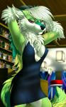 2018 5:8 anthro areola black_nose breasts canid canine clothed clothing detailed_background digital_media_(artwork) dress female fox fur genitals green_body green_fur hi_res horn hybrid mammal nipples pussy solo standing tales_foxdale translucent translucent_clothing