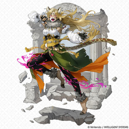 anthro armwear barefoot blonde_hair breasts clothed clothing detached_sleeves ear_piercing feet female fingerless_gloves fingernails fur gloves glowing_legs hair handwear leggings legwear long_hair markings nails neck_tuft open_mouth piercing pink_eyes puffy_sleeves sash sharp_fingernails sharp_nails sharp_teeth sharp_toenails shirt solo spots spotted_body spotted_fur stone_structure teeth text toenails toes topwear tuft yellow_body yellow_fur ayaka_suda fire_emblem fire_emblem_shadows nintendo hanya_(fire_emblem) cheetah felid feline mammal 1:1 absurd_res english_text hi_res official_art