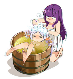 air_puff annoyed barrel bathing bent_legs blush breasts bubble dripping duo eyes_closed fainted feet female flowing_hair hair hand_in_hair hands_in_hair humanoid_pointy_ears kneeling long_hair looking_down looking_down_at_another lying motion_lines nude on_back partially_submerged pointy_ears simple_background soap_bubbles suds touching_hair towel wearing_towel white_background white_towel snegovski frieren_beyond_journey's_end fern_(frieren) frieren elf human humanoid mammal 2026 cel_shading digital_media_(artwork) digital_painting_(artwork) hi_res painting_(artwork) shaded signature