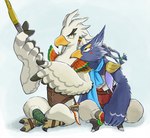 anthro beak blue_body blue_feathers bow_(feature) braided_hair cuddling duo eyebrows feathers feet hair male sitting talons thick_eyebrows toes white_body white_feathers sheep_riritoto breath_of_the_wild nintendo the_legend_of_zelda revali teba_(tloz) avian rito