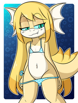 :3 anthro bedroom_eyes belly bikini bikini_bottom bikini_bottom_down bikini_top biped blonde_hair blue_eyes border breasts clothing countershade_face countershade_torso countershading cute_fangs eyelashes fangs female female_anthro flat_chested flower_accessory hair knock-kneed looking_at_viewer narrowed_eyes navel non-mammal_breasts non-mammal_hair non-mammal_navel outline pattern_background pattern_bikini pattern_clothing pattern_swimwear pupils seductive simple_background slit_pupils small_breasts solo swimwear tail teeth thigh_gap two-piece_swimsuit white_belly white_border white_chest yellow_arms yellow_hands yellow_legs yellow_neck young young_anthro young_female dreameclipsewolf helmeted_lizard lizard reptile scalie absurd_res cel_shading colored digital_media_(artwork) hi_res shaded
